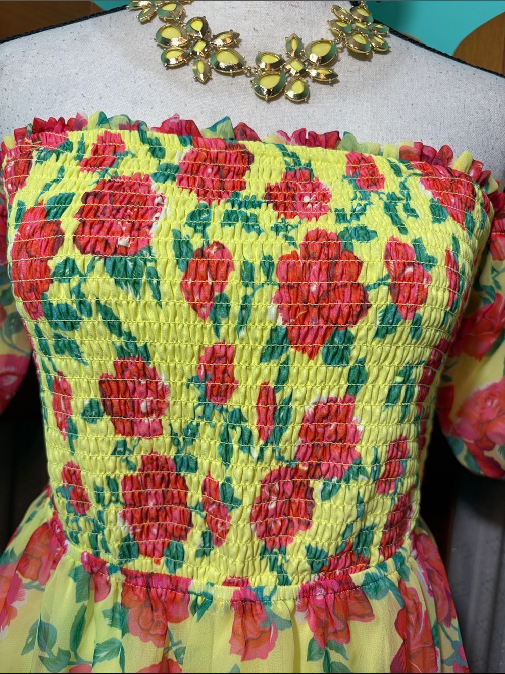 Betsey Johnson Yellow Mini Dress with Red Floral Print - Picture 2 of 15